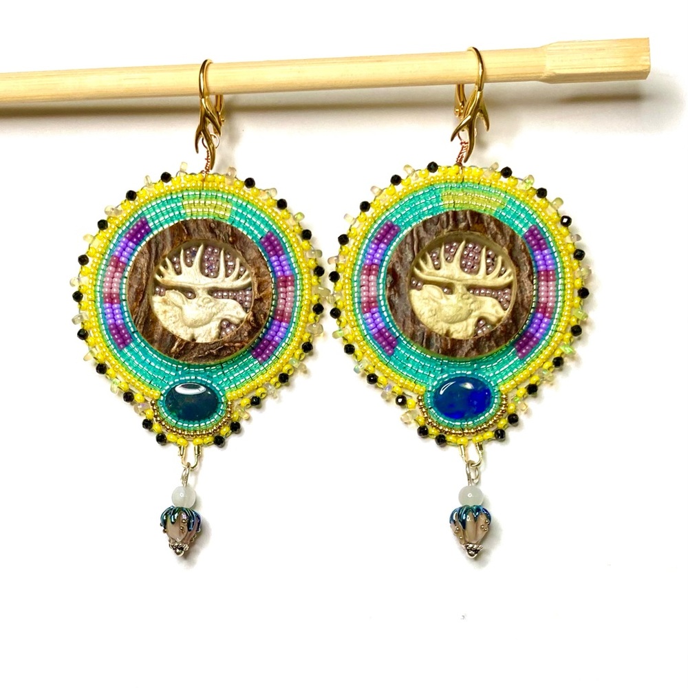 Beaded Beadwork Carved Antler Moose and Black/Ethiopian Opal Drop Earrings